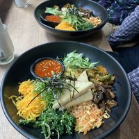 Bibimbop with noodles. Lightly fried tofu was amazing.  at mŏkbar in New York City