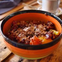 Chili sin carne with quinoa and tahini sauce at Man'Groove in Kep