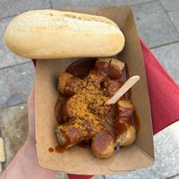 Vegan currywurst with brotchen at Curry am Schloss in Dresden