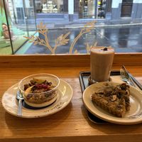Granola, quiche and hot chocolate  at Racines in Lausanne