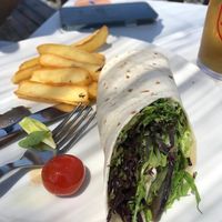 Delicious fries, with lettuce filled vegan wrap…….supposed to be vegetables salteado filling  at Tuká Tulá in Sao Miguel