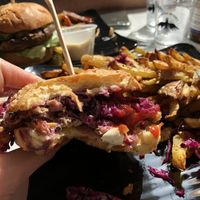 Really really tasty! Shitake mushroom burger with home made fries. at Copper Branch in Nice