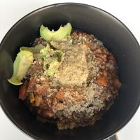 Bean Chili with Avocado shavings, cashew cream and nutritional yeast at BioBio in Riga