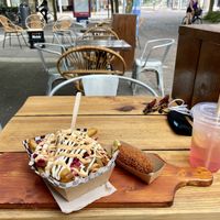 Vegan kapsalon and croquette with homemade melon lemonade  at Kruimig in Wageningen