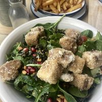 Crispy tofu salad and a side of fries. The salad was full of different flavours - so good! And a decent size too. The portion of chips was huge!  at Starling in Harrogate