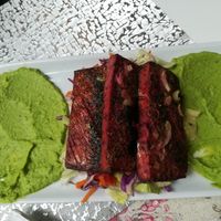 'Salmon' slices with salad and green pea puree at Magora in Vac