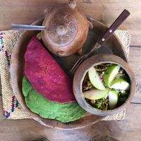 Setas al pastor taco w beet/maíz tortilla and sautéed spinach and onion taco with spinach/maíz tortilla + tasty salad with nuts.  at CocoFam in Puerto Escondido