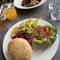 Veggie burger and Soba with beetroot. Made to vegan options.  at Le Café de Mars in Paris