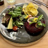 Vegetarian burger without the buns that are apparently not vegan  at Rucula in Cusco