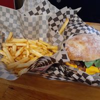 Vegan cheeseburger and fries at Pine Street Burgers in Grass Valley