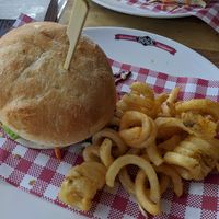 Vegan burger with curly fries at Hog's in Nelson Bay