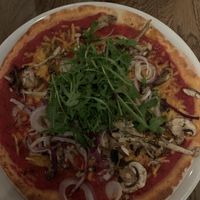 mushroom pizza with vegan cheese (that melts well!) at Woodstone in Alphen Aan Den Rijn