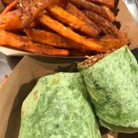 Sweet potatoes fries and pulled porque in wrap at The Brave Bean in Fountain Valley
