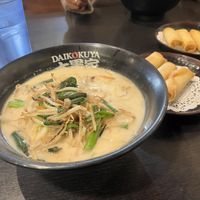 Vegan white creamy ramen with vegan spring rolls    at Daikokuya in Los Angeles