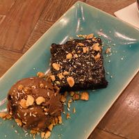 Chocolate brownie with vg choc ice cream at Bar Soba in Edinburgh