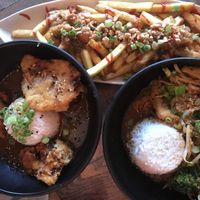 Katsu cauliflower, tofu chilli stir fry, Thai fries at Bar Soba in Edinburgh