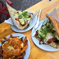 Vöner and fries with cheese sauce and onion at Vöner der Vegetarische Döner in Berlin
