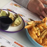 Chips, and vegetable gayoza  at YO! Sushi - Piccadilly Station in Manchester