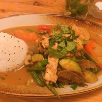mock meats with special peanut sauce at Sunshine Vegan Restaurant in Berlin