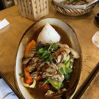 Hot souse with satan strips  at Sunshine Vegan Restaurant in Berlin