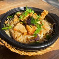 Flat rice noodles with seitan, tofu, and herbs  at Sunshine Vegan Restaurant in Berlin