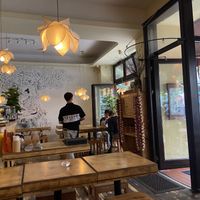 Inside (check the beautiful murial!)  at Sunshine Vegan Restaurant in Berlin