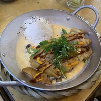 Mango coconut curry with fried chicken: very good, but not spicy (as a real curry should be) at Sunshine Vegan Restaurant in Berlin