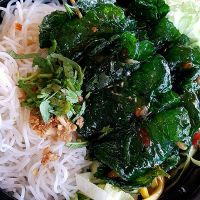 Bun tron la lot: Rice noodles with Lolot leaves filled with tofu, vegan beef and mushrooms, on rice noodles and tamarind sauce at Sunshine Vegan Restaurant in Berlin