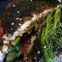 Fish imitation with Lolot leaf, dill, tomatoes and zucchini  at Sunshine Vegan Restaurant in Berlin