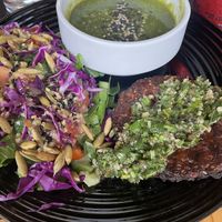Vegan steak chimichurri with spinach soup and side salad  at Lavka in Guatemala City