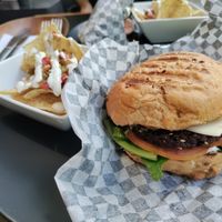 Burger with mushrooms, cheese, and a soy patty at Lavka in Guatemala City
