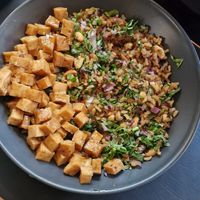 Nam khao crispy rice bowl at Lavka in Guatemala City
