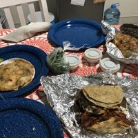 Gringa on left, tacos towards right front and burrito in right back. Like I said in the cons, was sort of squished because it’s take out but it was so YUMMY!!   at Gracias Madre in Mexico City