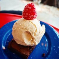 Chocolate brownie + vanilla nice cream at Gracias Madre in Mexico City