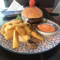 BBQ burger, yucca fries and  sundried tomato garlic mayo  at Drift Bar in Santa Teresa