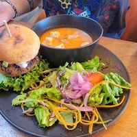 Lunch special - black bean burger, salad, gazpacho soup at Drift Bar in Santa Teresa