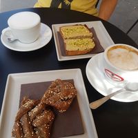 Almond & soy cappuccino. Pistachio cream toast and a very fancy pastry with chestnut cream. All for just 7 euros! at Sweet Coffee Beans in Bari