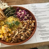Burrito bowl with jack fruit, chick peas and more. So good! at The Hideout in Unawatuna