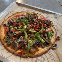 Veggie pizza with daiya cheese, crumbled veg meatball, and loads of veggies.   at Pieology - Tamuning in Guam