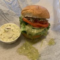Veggie-Cado Sandwich on a GF Kaiser Roll. (Potato salad not vegan). at Harvest Thyme in Gainesville