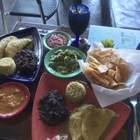 Avocado enchiladas, cilantro rice, black beans, fresh guacamole, salsas and chips!  at Maggie's Blue Rose in Santa Catalina Island