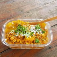 Cauliflower, chickpea, potato and green pea curry with mango chutney and basmati rice at Spicy Indian Chick in Haleiwa