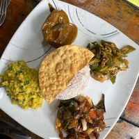 dahl with spinach, mango curry, eggplant curry, okra curry (personal favourite)  at Matey Hut in Ella