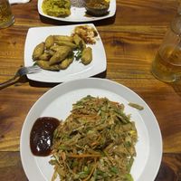 Kottu, fried okra, rice with 4 curries  at Matey Hut in Ella