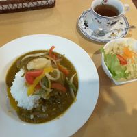 Vegetable curry and tea. at Sun Art in Takayama