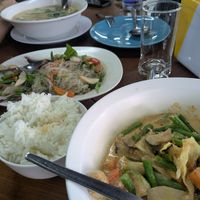 Red curry, rice noodle salad and coconut soup at Inthira in Mae Hong Son