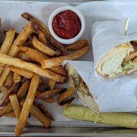 Fried Chick’n Hero and fries at Victoria Bar in Portland
