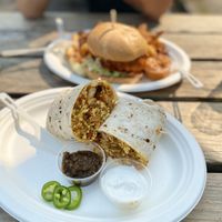 The Phoenix sandwich w/ fries + California Breakfast Burrito— both vegan & tasty!! at Victoria Bar in Portland