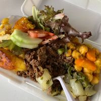 Bowl with Rice & peas, minced veggies, turmeric chickpeas, plantains, boiled potatoes, ackee and bok choy  at Shanty Man in Kingston