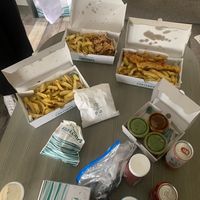 Vegan fish and chips and vegan calamari   at Chesil Chippie in Portland